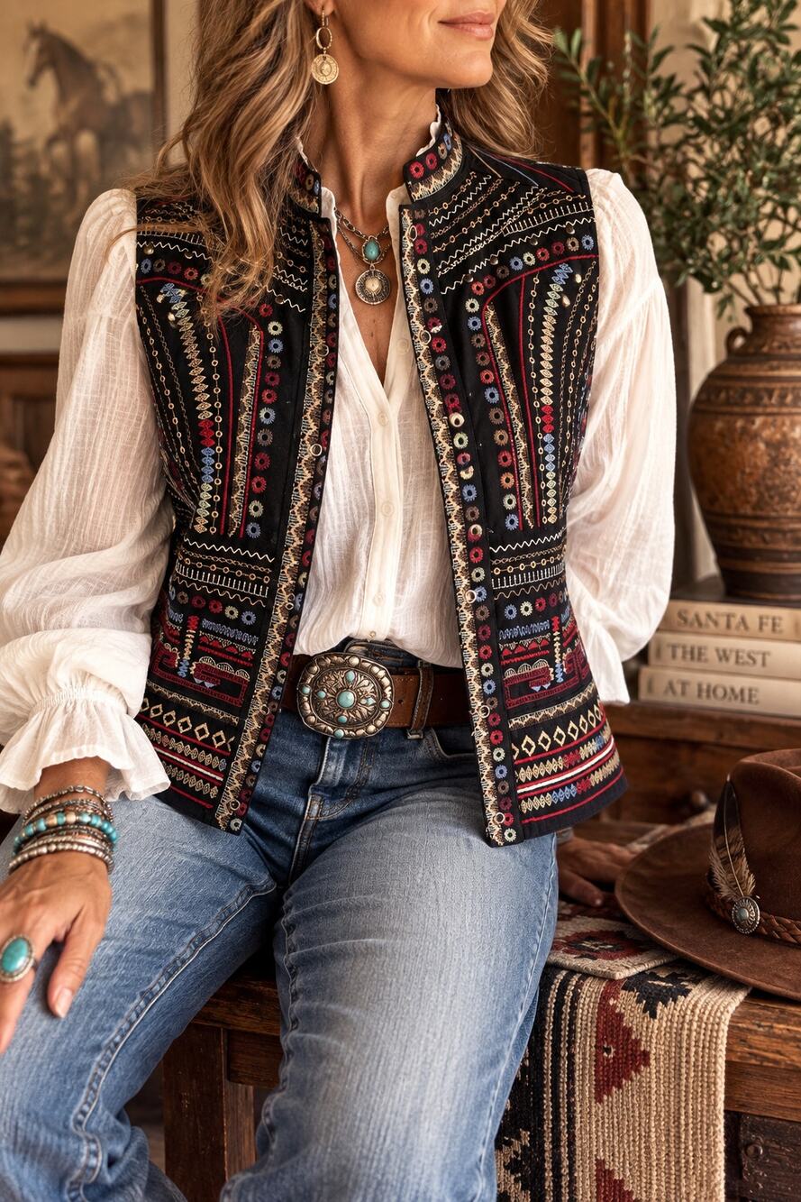 Chico’s Embroidered Studded Vest Size Medium Black Boho Southwestern Cotton